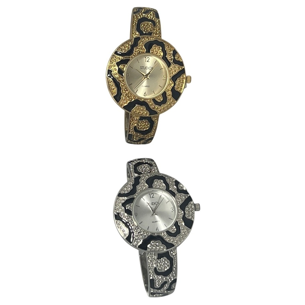 STUDIO Leopard Print Bangle Cuff Watch Set Gold Tone Silver Tone Untested